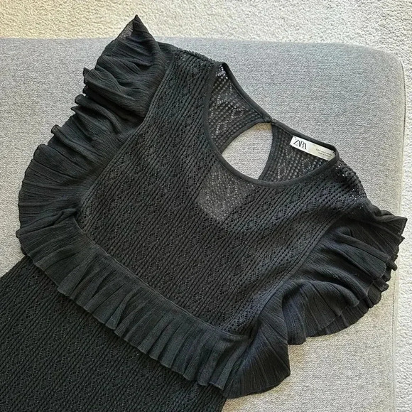 ZARA Black Crochet Knit Textured Dress Small - Picture 5 of 11
